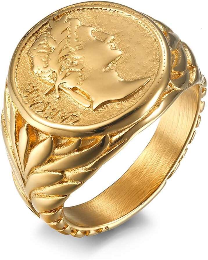 Stainless Vintage 3 Steel Signet Rings for Men Women Roman Empire Caesar The Great Coin Statement Ring Band