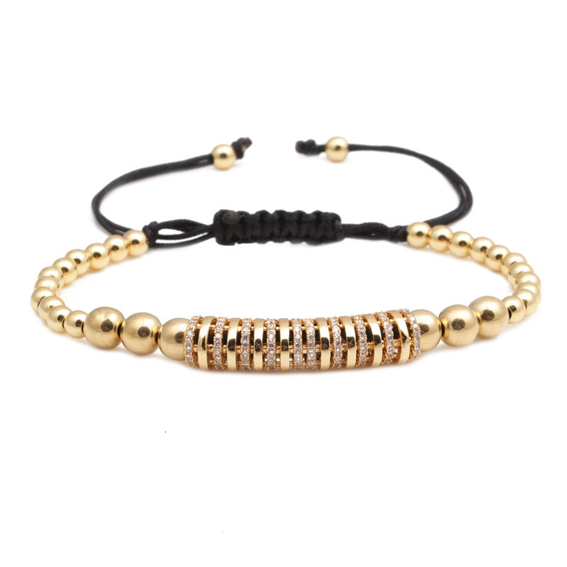 European and American copper micro inlaid zircon bent tube bracelet, 4mm copper bead woven adjustable bracelet for men and women