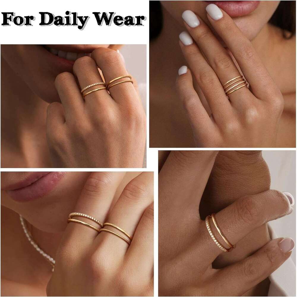 14K Filled 3 Gold 1.3mm Thin Stackable for Women Minimalist Non Tarnish Half Cubic Zirconia Band - Dainty Trendy Statement Stacking Rings Set Size 5-1