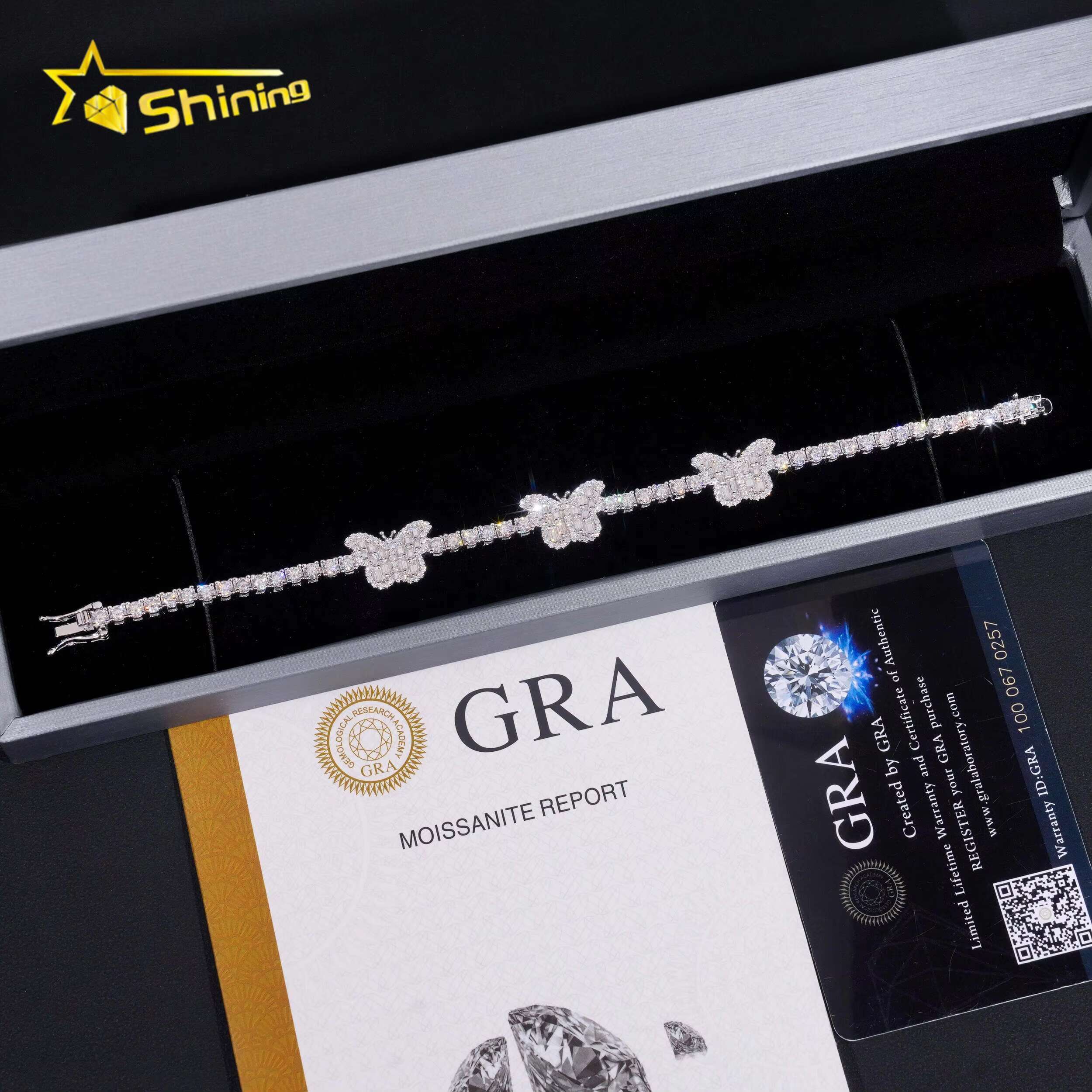 Luxury New Hip Hop 925 Silver 3mm Baguette Tennis Chain Moissanite Butterfly Bracelet GRA Certified
