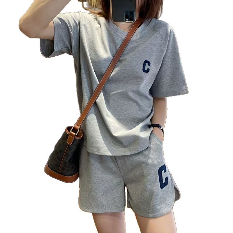 Gray Sports Suit for Women, Summer Thin 2025 New Embroidered Salt Style Loose Plus Size Short Sleeve Shorts Two-Piece Set