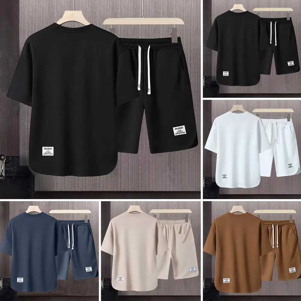 Men Sportswear Set Mens Retro Sportswear Set with Ice Silk T-shirt Shorts Loose Fit Solid Color Drawstring Waist for ActiveXJ250703