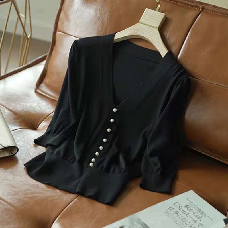 New Fashion Summer Mid-Sleeve V-Neck Elegant Purple Ice Silk Knit Top T-Shirt Women's Blouse B5
