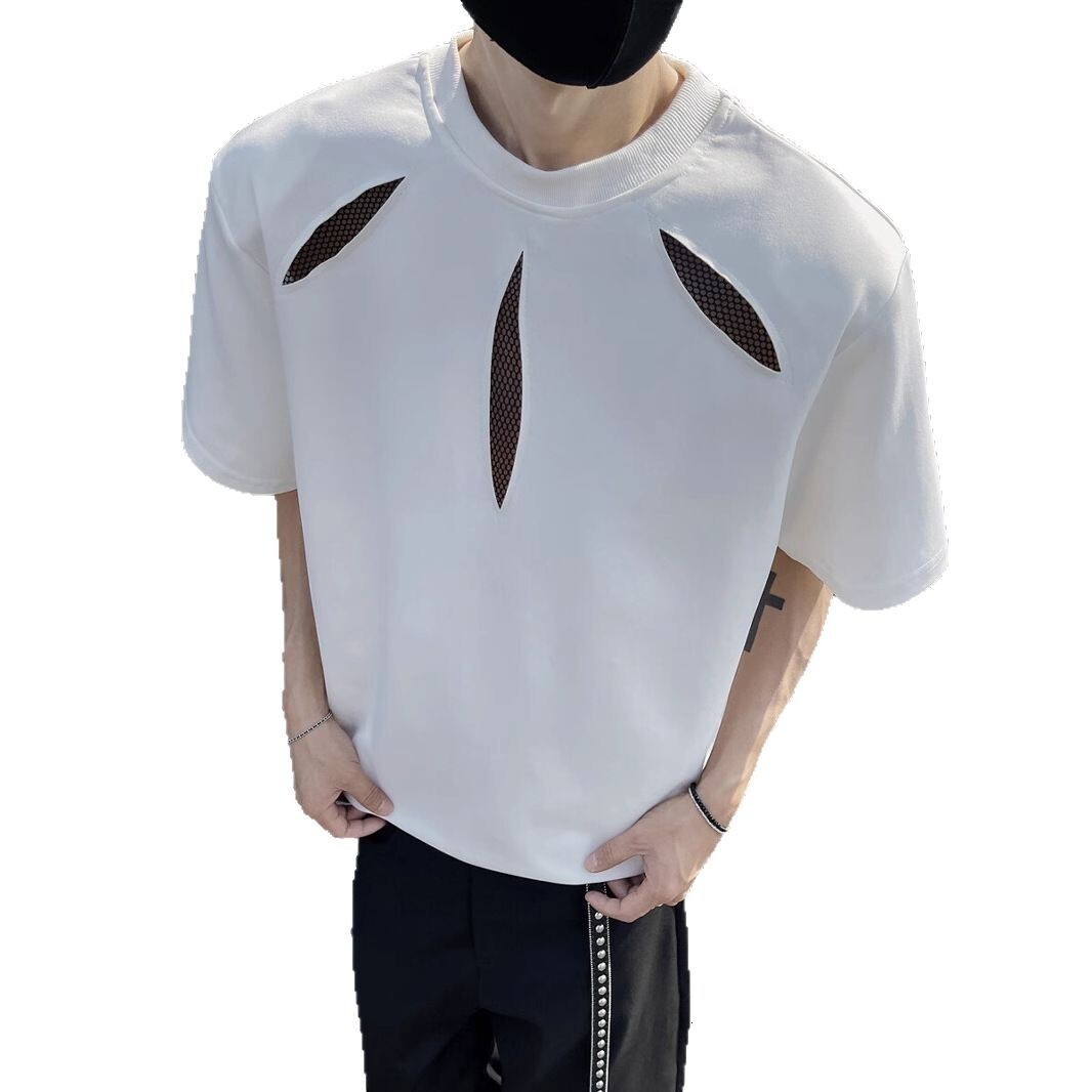 American Style Cleanfit Hollow Out Short Sleeve T-shirt For Men Summer High-end Cool Heavyweight Regular Designer Short Sleeves Shoulder Padded T-shir