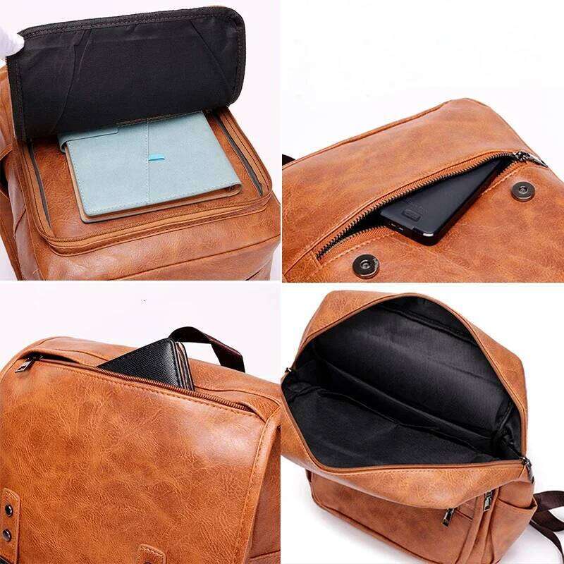 Large Capacity Vintage men's bag Teenage Backpacks PU Leather Fashion Schoolbag Man Multifunctional Backpack Men Zipper Designer