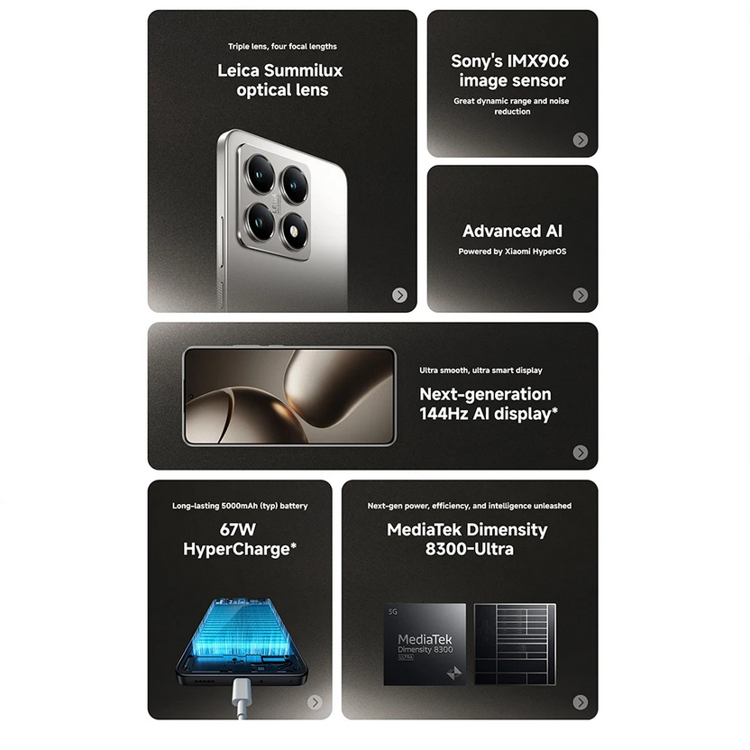 Xiaomi 14T 5G NFC,12+256GB,MediaTek Dimensity 8300-Ultra,50 Mp Camera,144 Hz AI Screen,5000 mAh Battery,Charger Not Included