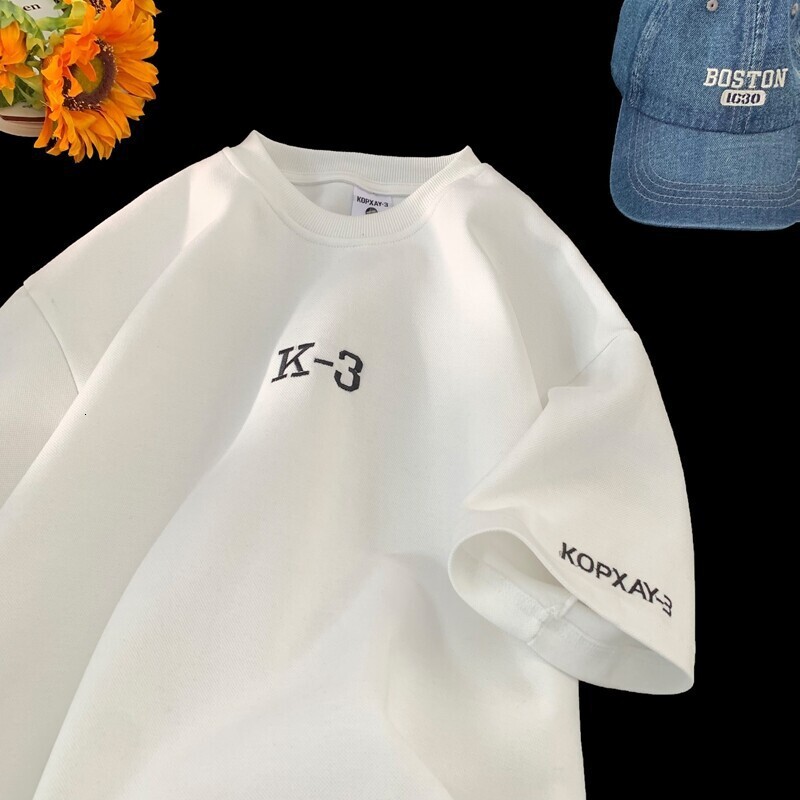 Letter Print Heavyweight Short Sleeve T-shirt Designer Short Sleeves For Men Summer American Retro Tee Shirt Youth Loose Round Neck Clothing