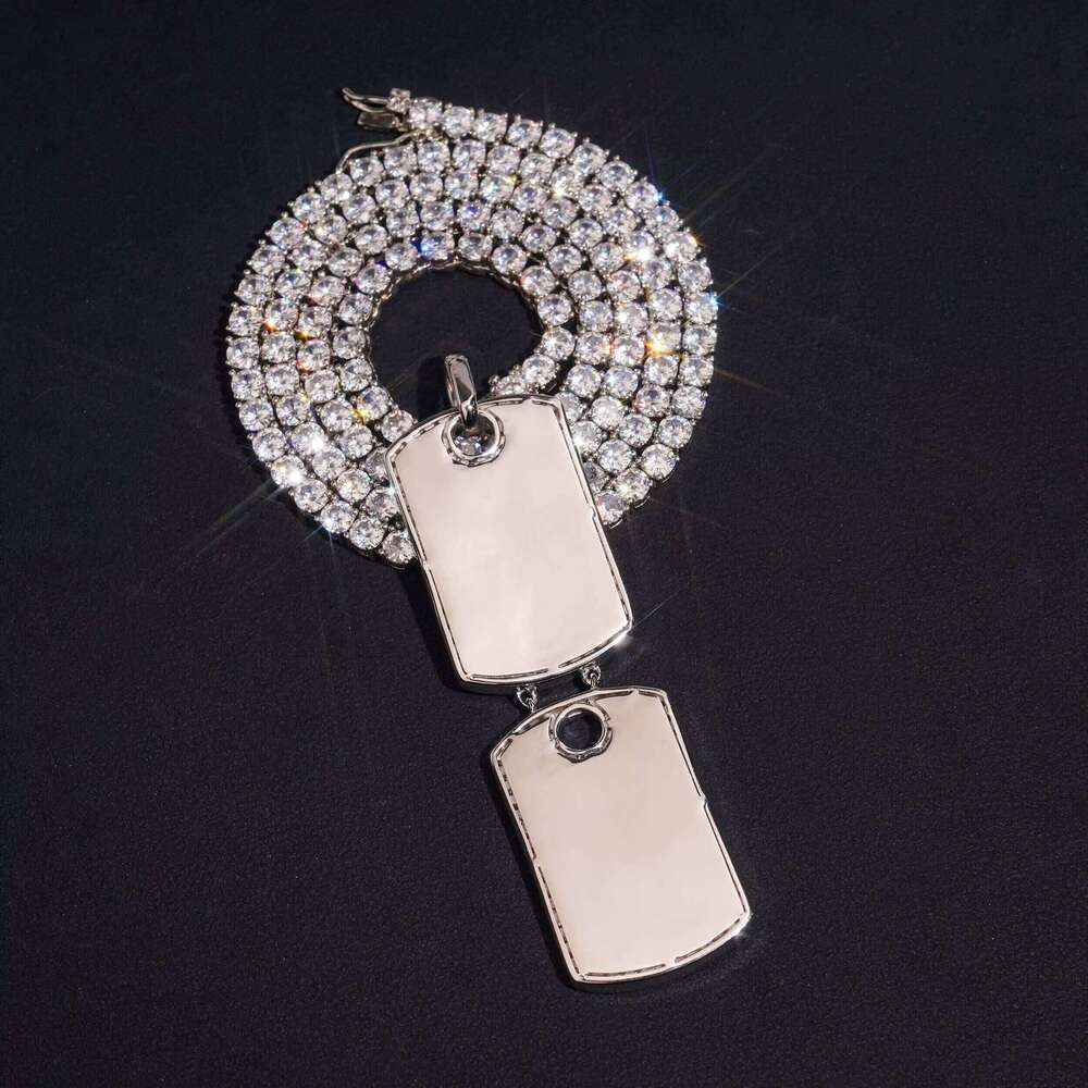 White Gold VVS Moissanite Dia Double Dog Tag Pendant Match 4MM Tennis Chain Necklace
