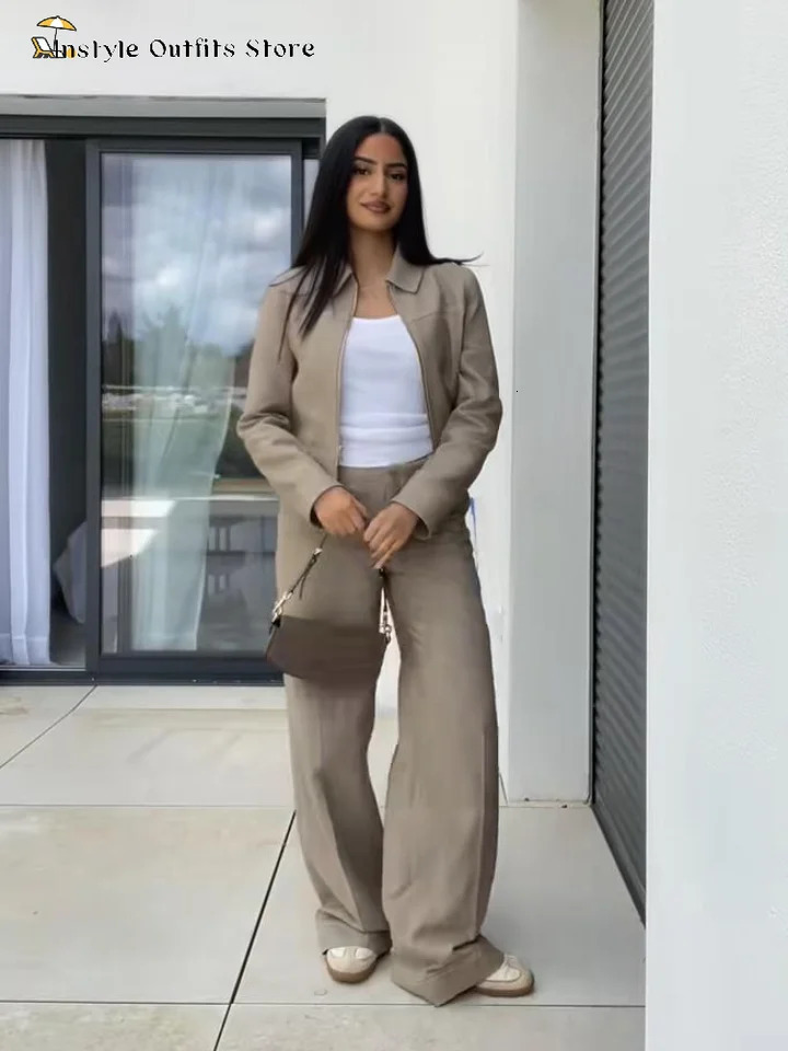 Casual Trousers Set Women Cotton Linen Lapel Zippers Crop Top Straight Pants Sets Lady Spring Autumn Solid Suit Woman Streetwear 250709