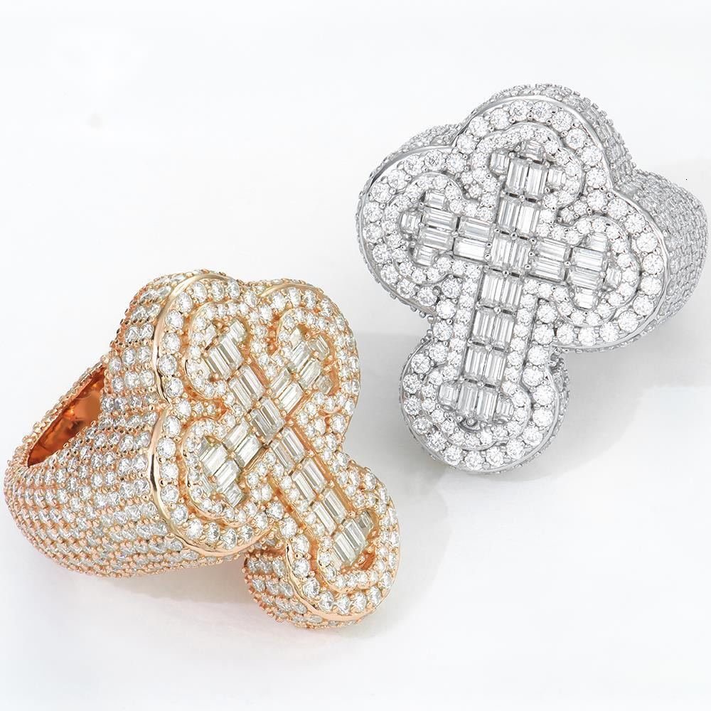 Men's Full Iced Out 18K Gold Plated Hip Hop Ring Moissanite Punk Rapper Style Baguette Cross Pinky Ring