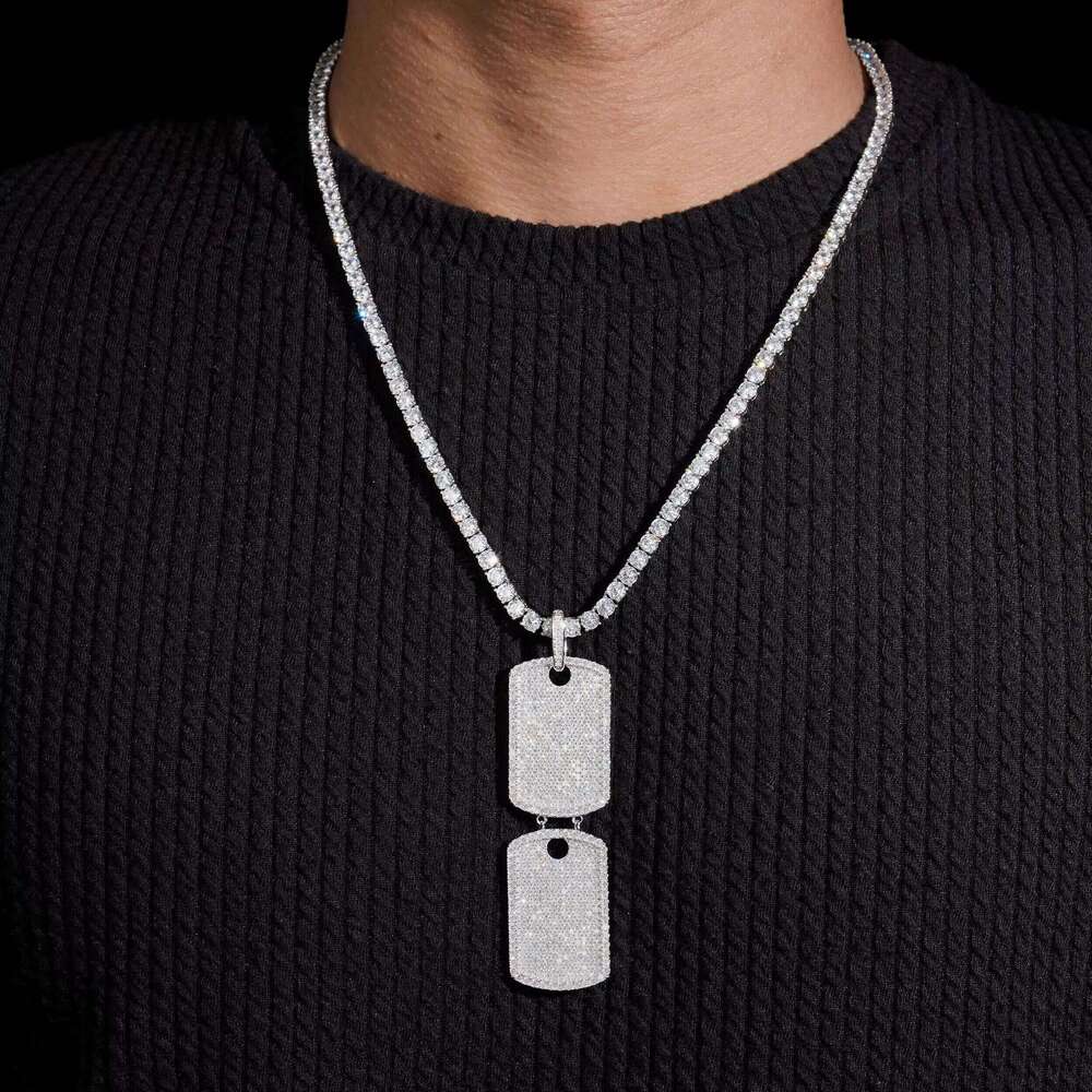 White Gold VVS Moissanite Dia Double Dog Tag Pendant Match 4MM Tennis Chain Necklace
