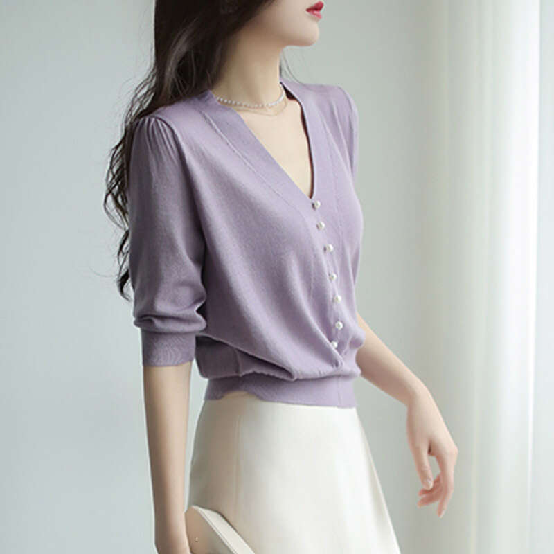 New Fashion Summer Mid-Sleeve V-Neck Elegant Purple Ice Silk Knit Top T-Shirt Women's Blouse B5