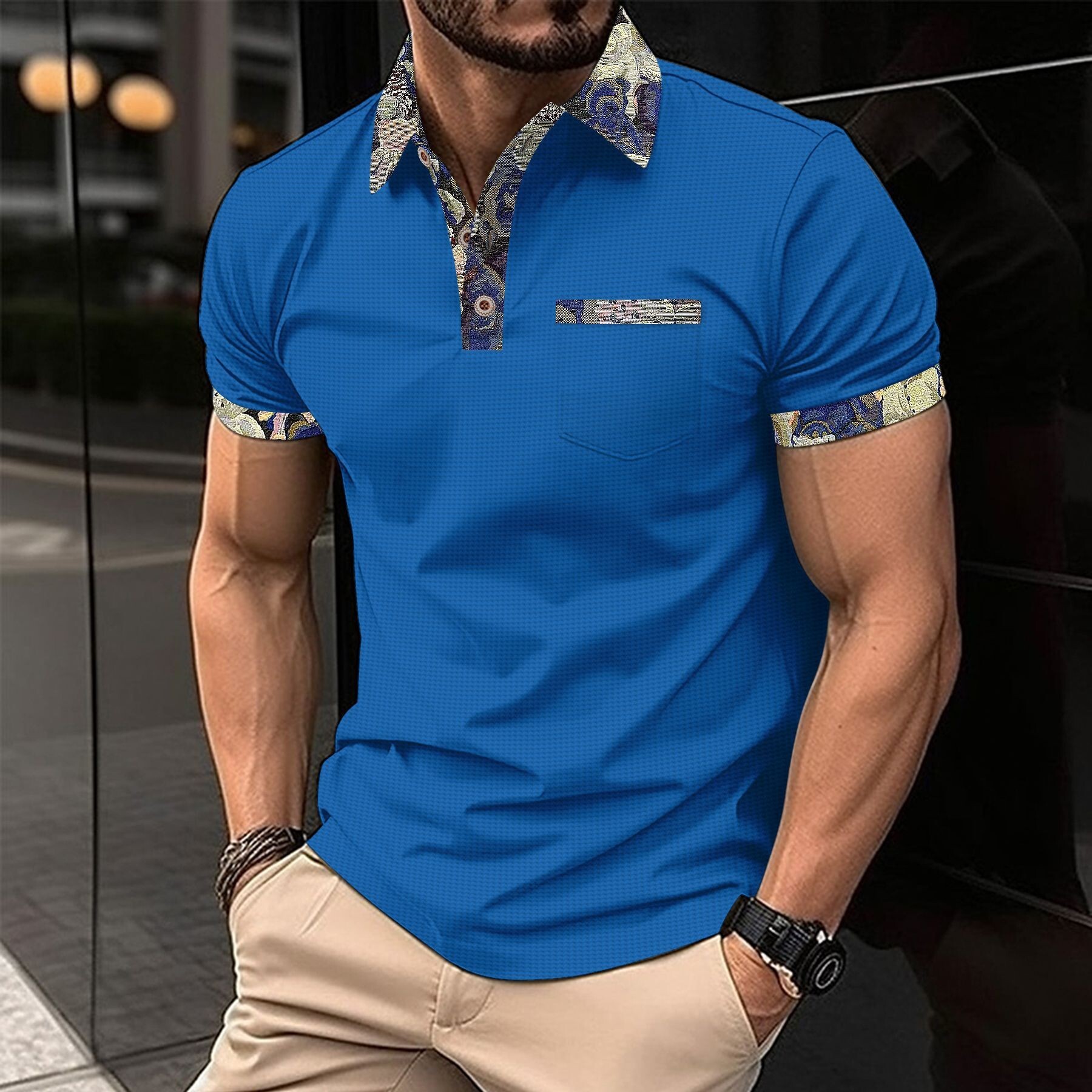 2025 Amazon Cross-border Designer T-shirt Summer New Designer T-shirt Youth Waffle Color Block Pocket Summer Short Sleeves Short Sleeve Casual T-shirt