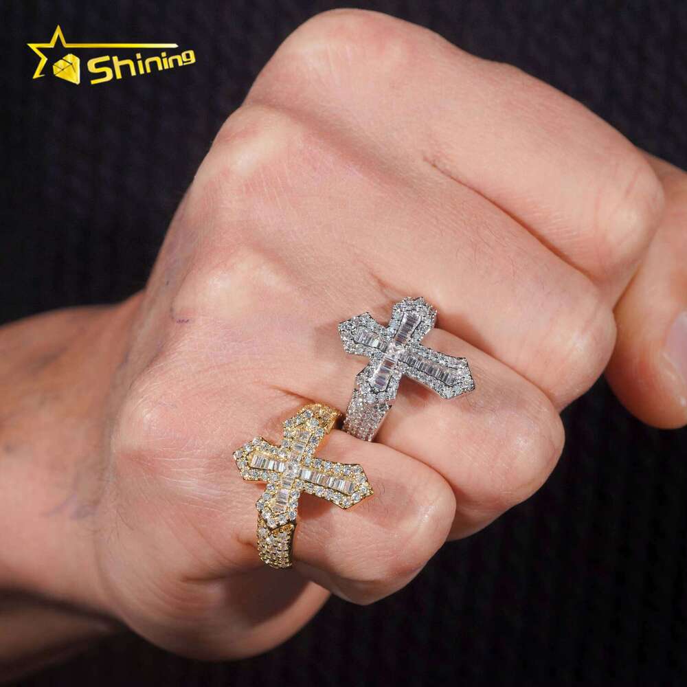 2025 New Cross Style Iced Out Long Bar Hip Hop Moissanite Men's Ring Silver Boutique Jewelry