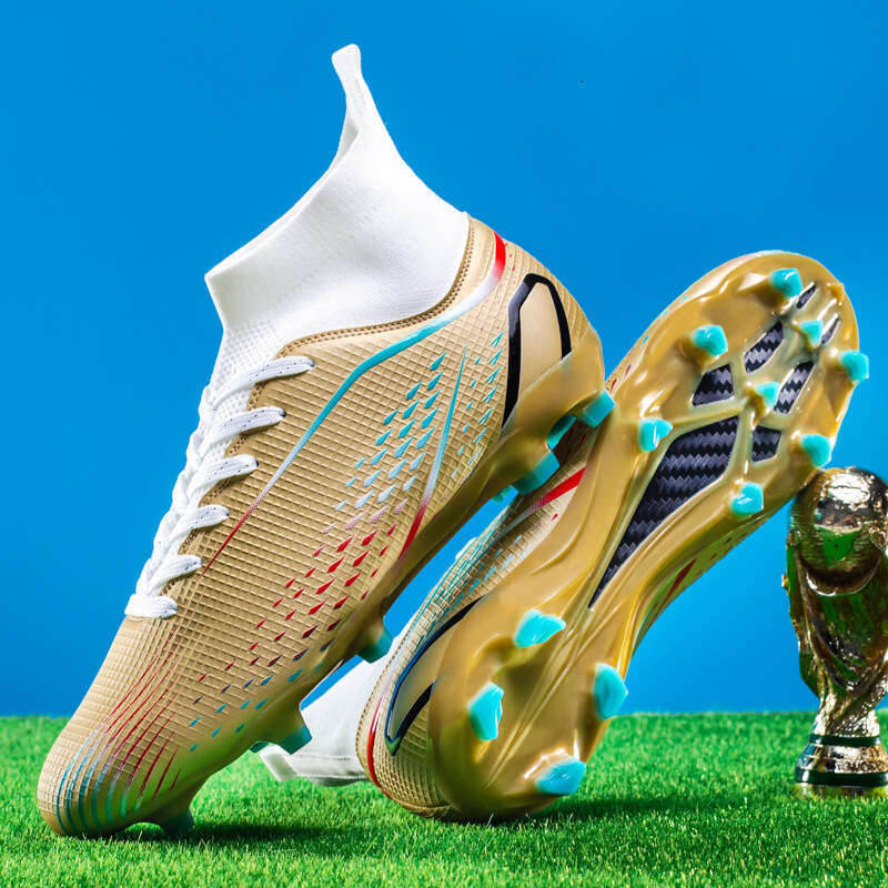 Large Size World Cup High-Top Soccer for Boys and Girls, Studded Long Spikes, Adult Artificial Grass Training Sports Shoes
