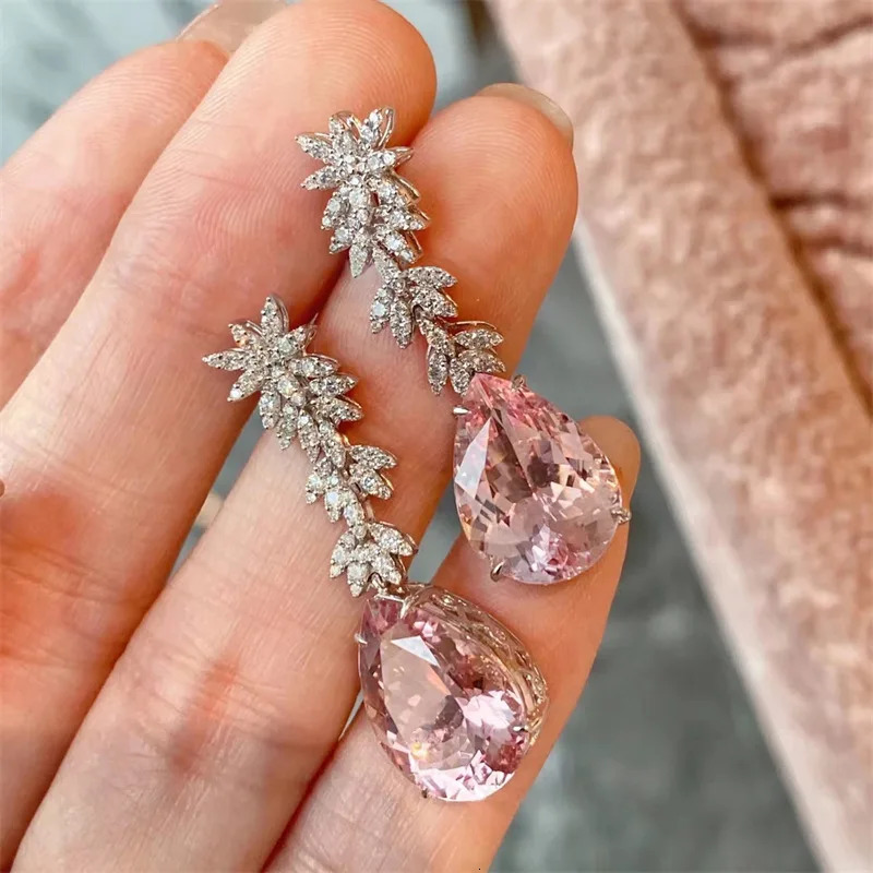 Korea Jewelry Pink Morganite Dia Water Drop Earrings Female Elegant Long Pendant Earring Trendy Dangler Fine Gift 250703