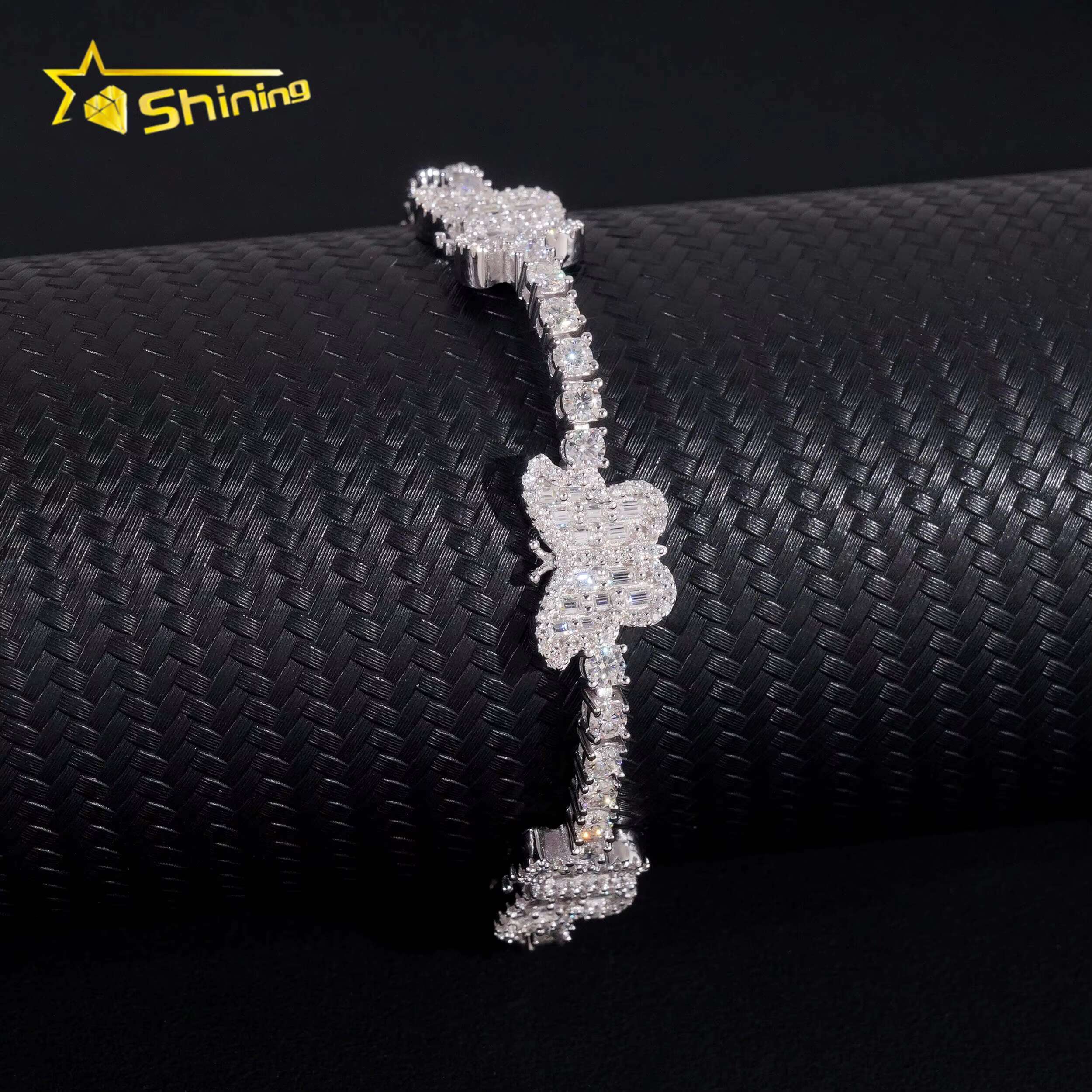 Luxury New Hip Hop 925 Silver 3mm Baguette Tennis Chain Moissanite Butterfly Bracelet GRA Certified