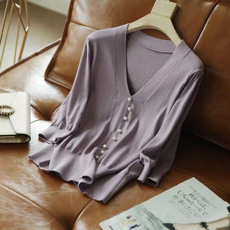 New Fashion Summer Mid-Sleeve V-Neck Elegant Purple Ice Silk Knit Top T-Shirt Women's Blouse B5