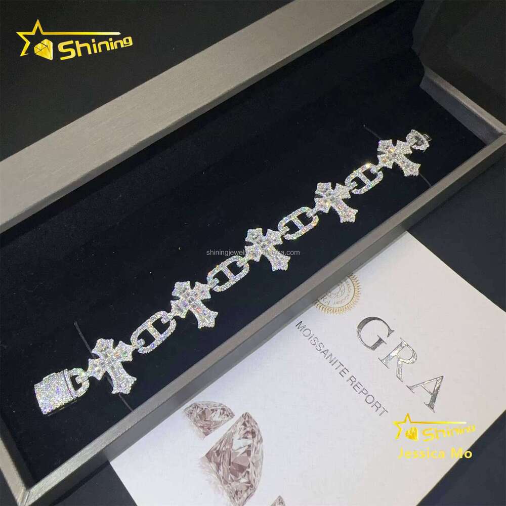 Rapper Jewelry Hot Selling New Arrivals Hip Hop VVS1 Moissanite Iced Out GRA Certificate S Sier Cuban Cross Bracelet Man