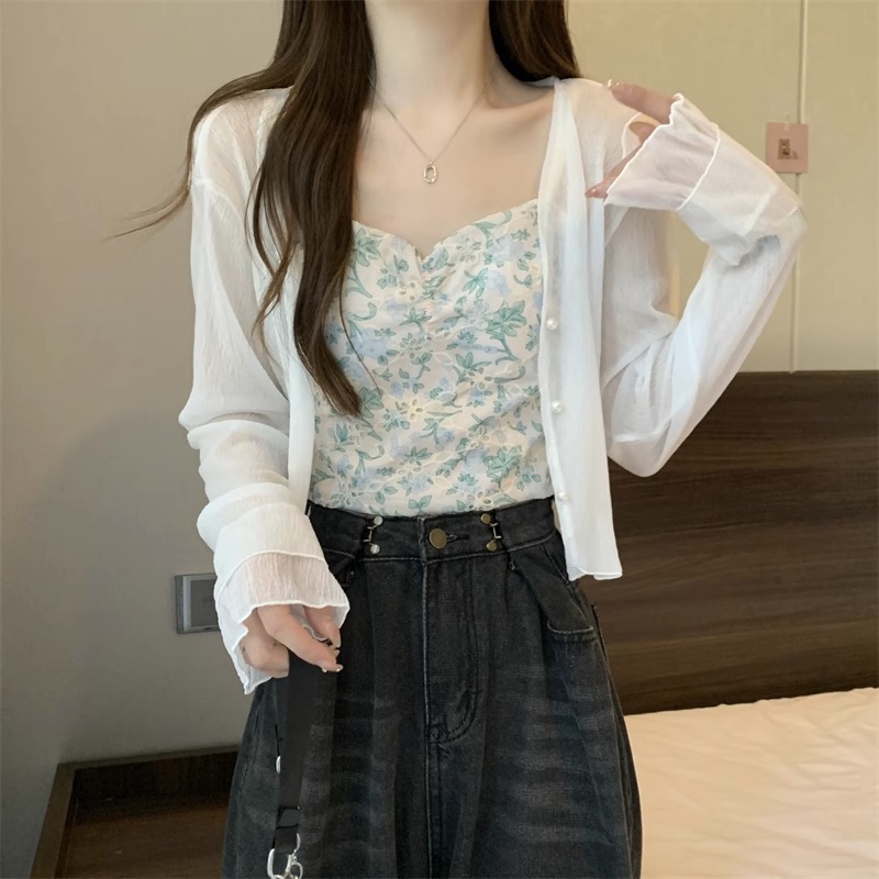 K1220 Ice silk sunscreen cardigan women's summer thin small shawl jacket with suspender skirt outer cover short top blouse