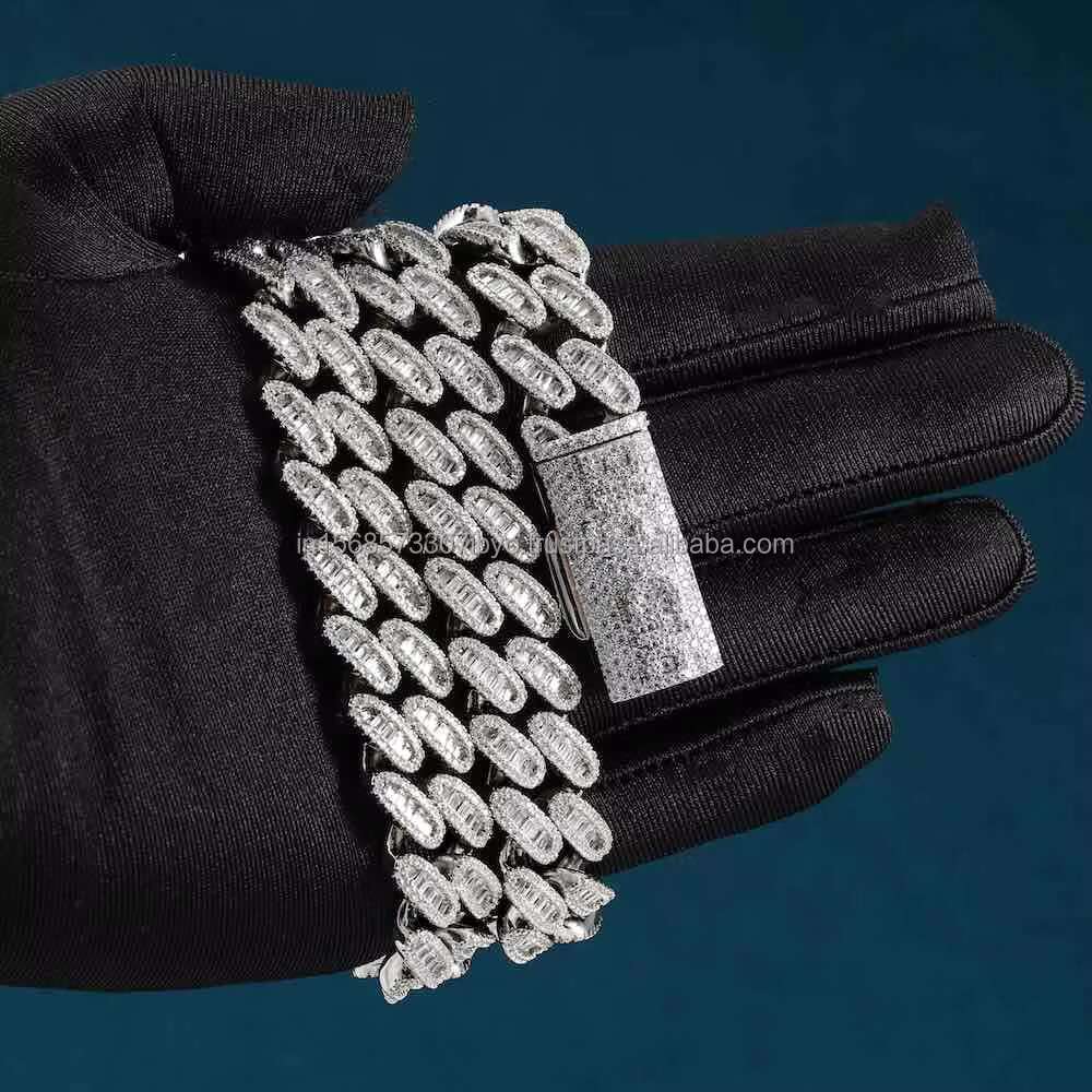 VVS1 D Color 15MM Baguette Miami Cuban Moissanite Diamond Cuban Link Chain 925 Sterling Silver Necklace for Sale