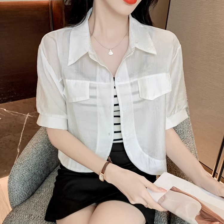 K1217 Chiffon polo collar short-sleeved short shirt sun protection clothing women's summer outerwear small shawl new cardigan top thin jacket