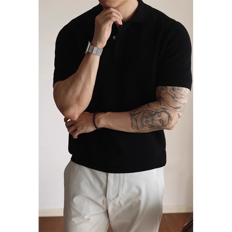 Direct Supply American Style Hidden Placket Turn-down Collar Summer short sleeves Knitted Polo Short Sleeve T-shirt Designer T-shirt Casual Business R