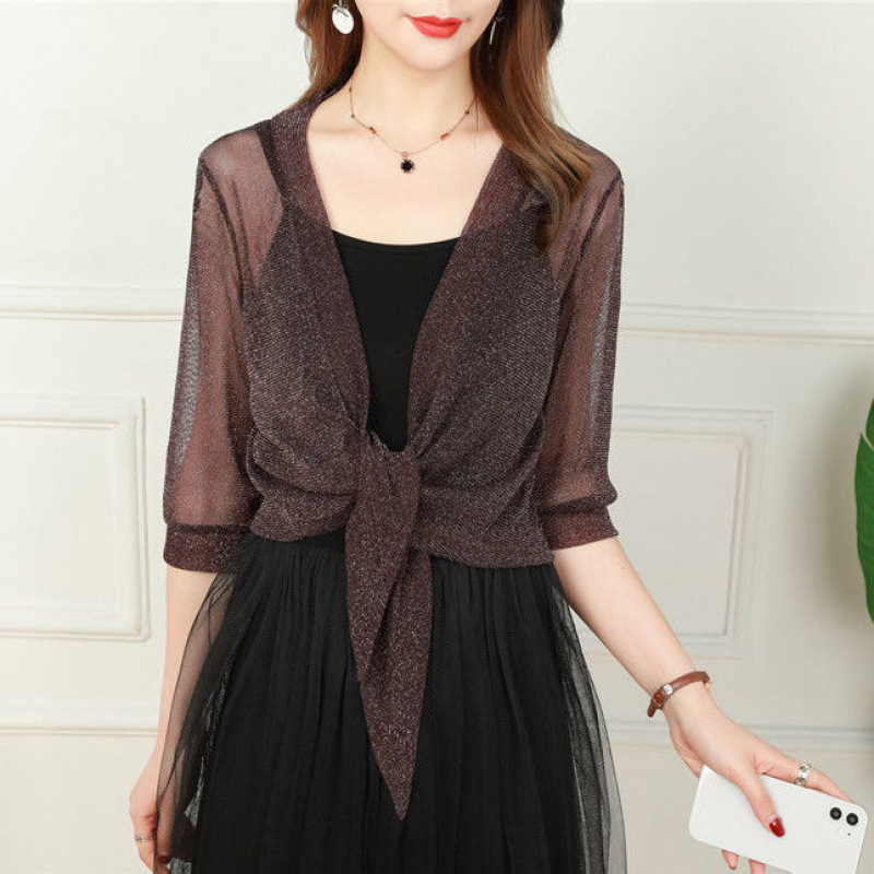 K1221 2025 Summer Small Shawl Jacket Women Cardigan Mesh Short Outerwear Large Size Lace Waistcoat Shawl Outerwear