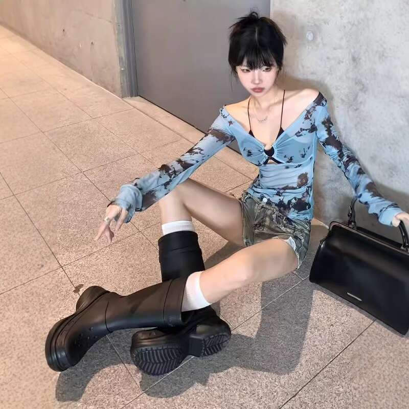 Paris Thick-Soled Rain for Women, Fashionable Outdoor Water Mid-Calf Trendy Hole Shoes, Versatile Height-Increasing Long Boots, Riding Boots