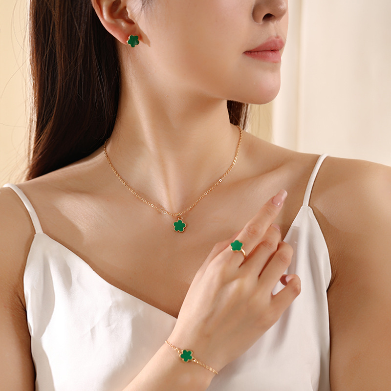 Five-Leaved Designs Jewelry Set For Women Simple Petal Necklace, Bracelet, Ring And EarStud 4-Piece Set
