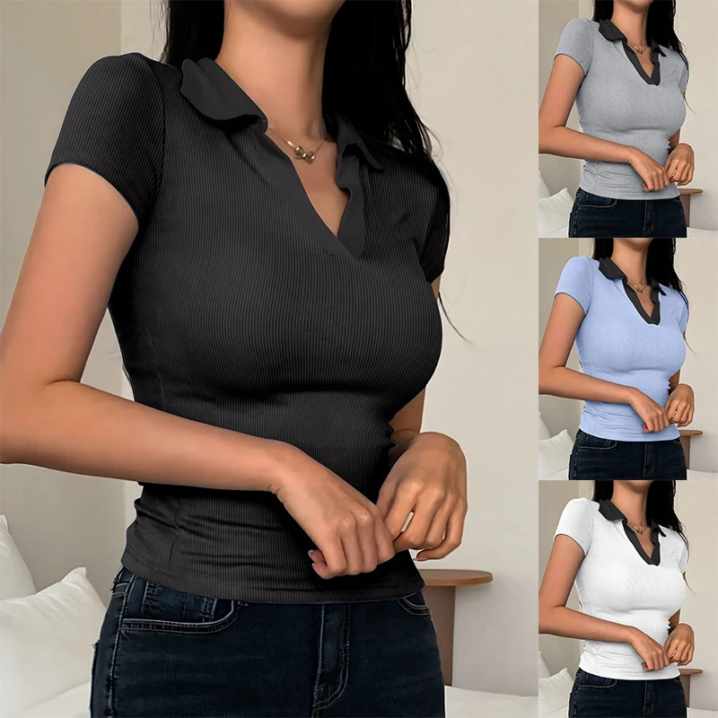 Summer Womens Color Collision POLO Shirt Slim Casual Solid Tops Home Workwear Vneck Shortsleeved Tshirt Female 250628