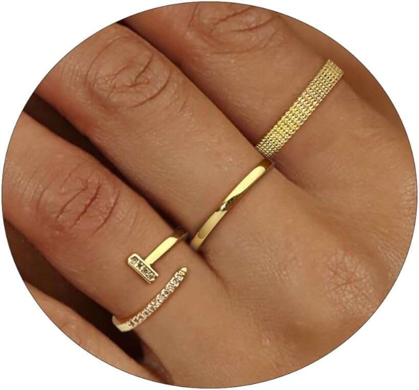 Set 3 14k Women Thin Thumb Pinky Finger Ring Wide Thick Gold Band for Woman Non Tarnish Open Adjustable Rings Comfort Fit Size 7 To 10