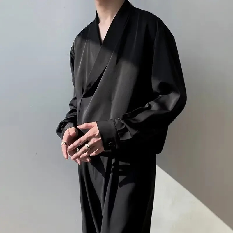 Spring Autumn Japanese Long Sleeve Shirt Mens Korean Style Casual Trendy Draped Sleeveless Silk Shirt 250703