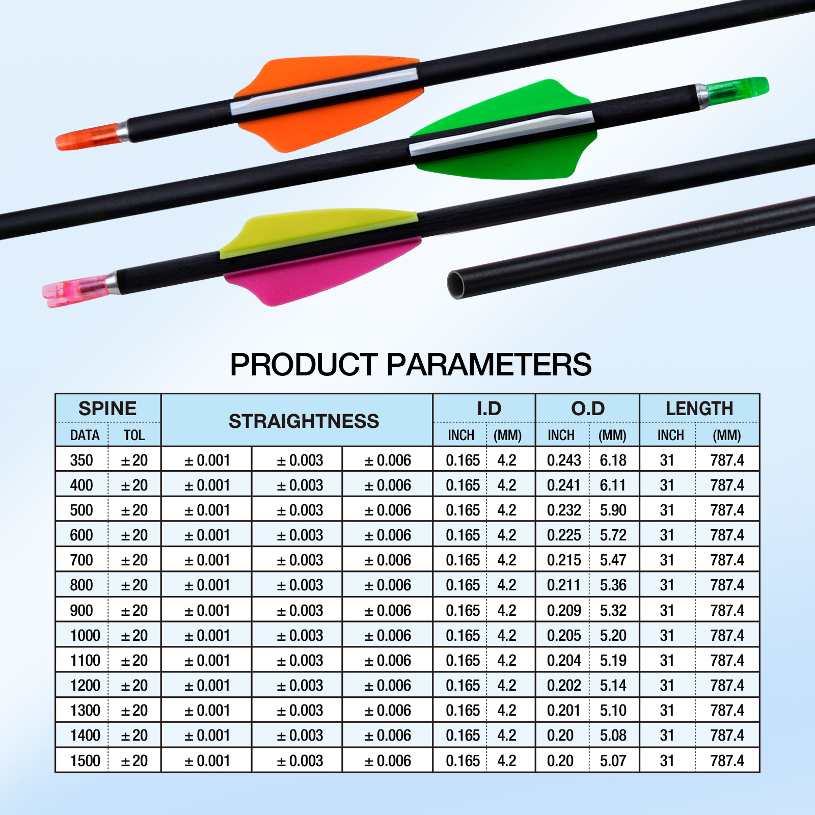 31inch Archery Arrows without Arrowheads Carbon Targeting Arrows 4.2mm Training Arrows for Recurve Bow & Compound Bow Spine 350-1500 Arrows (12Pcs)