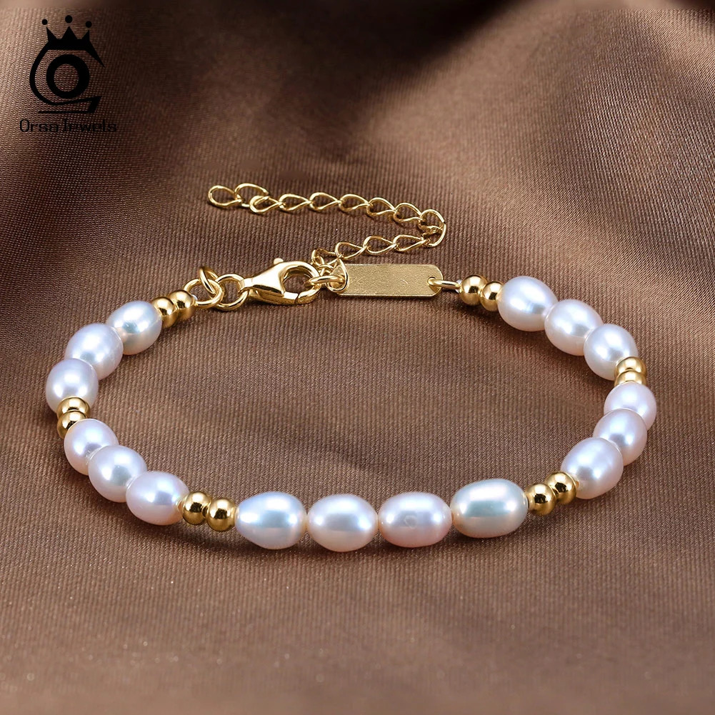 ORSA JEWELS Elegant 14K Gold Beads Bracelet 925 Sterling Silver Freshwater Pearl Chain Bracelets for Women Party Jewelry GPB36 250730