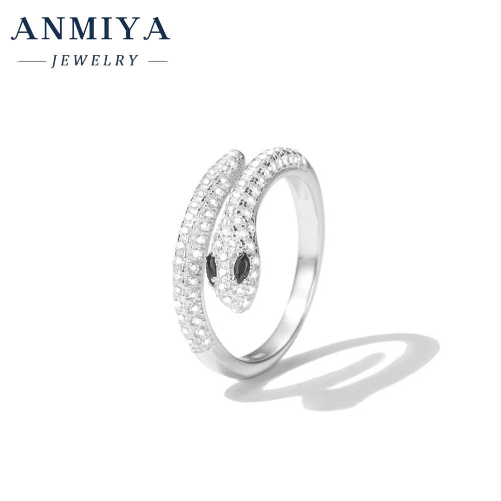 Modern Silver Jewelry Snake Open Ring Zircon Inlay Adjustable for Layering Contemporary Fashion