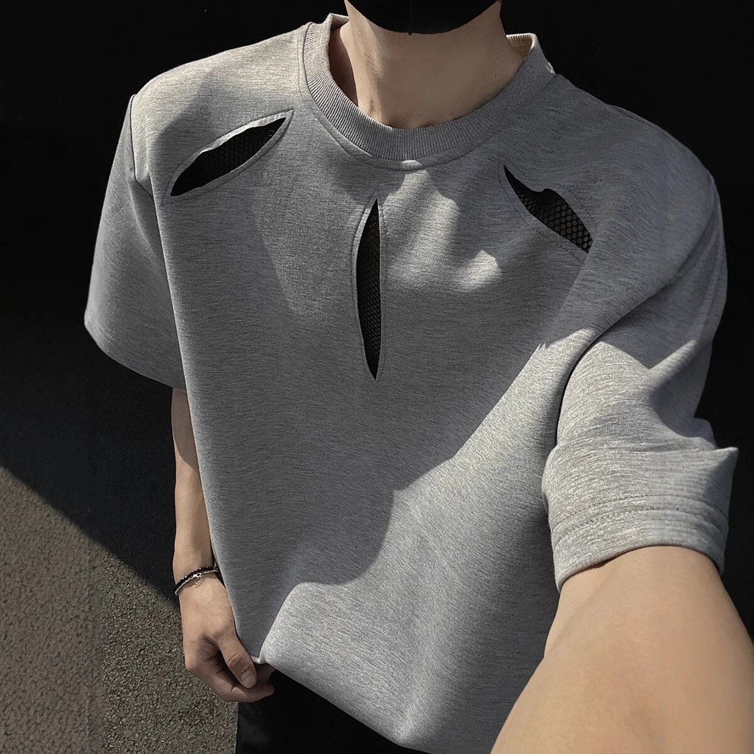 American Style Cleanfit Hollow Out Short Sleeve T-shirt For Men Summer High-end Cool Heavyweight Regular Designer Short Sleeves Shoulder Padded T-shir