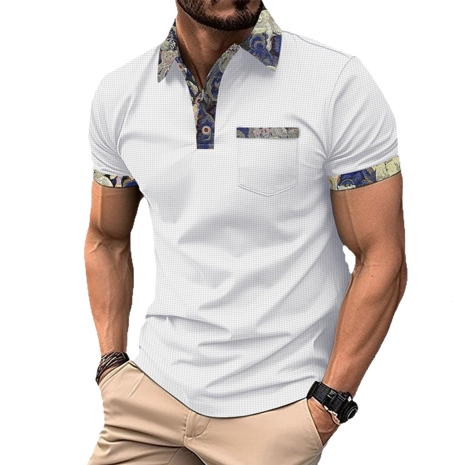 2025 Amazon Cross-border Designer T-shirt Summer New Designer T-shirt Youth Waffle Color Block Pocket Summer Short Sleeves Short Sleeve Casual T-shirt