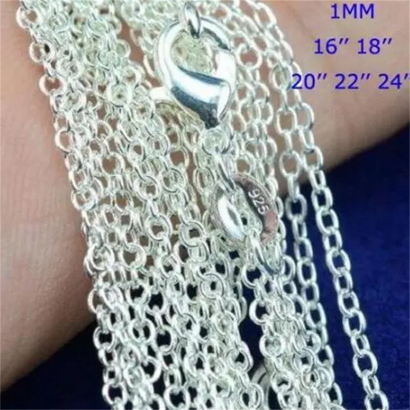 925 Sterling Silver Chain necklace Fashion Men/Women DIY Jewelry Rolo Chain 1mm Necklace 16 18 20 22 24 26inch 100pcs/lot