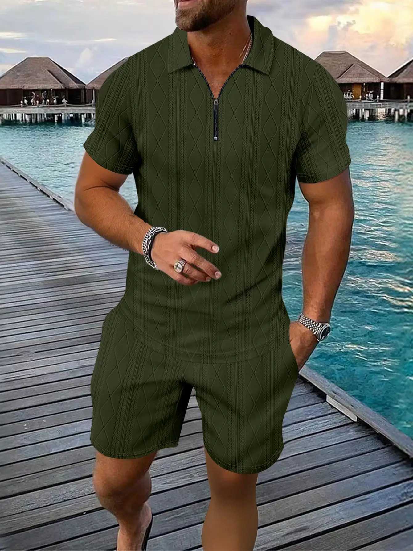 Mens Fashionable Checkered Jacquard Beach Shirt And Shorts Set Casual Lapel Zipper Two-Piece Suit Short-Sleeved Top and T-shirtXJ250703