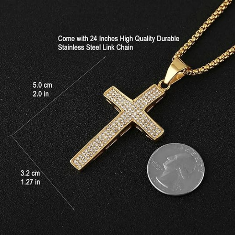 Mens Iced Out Cross Cz Inlay Pendant 18k Gold Plated Stainless Steel Hip-Hop Necklace 24"