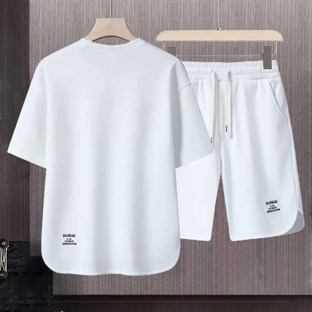 Men Sportswear Set Mens Retro Sportswear Set with Ice Silk T-shirt Shorts Loose Fit Solid Color Drawstring Waist for ActiveXJ250703