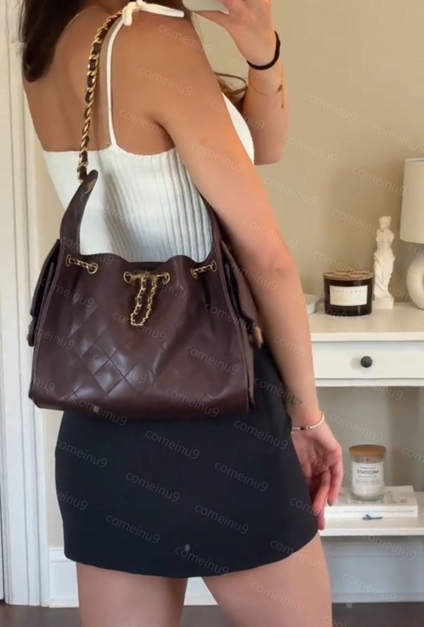 2025A Dark Brown Chocolate Hobo Caviar Leather Chain Sling Bag Small Medium Women Shoulder Crossbody Bags Earphone Pocket Genuine Leather Designer Handbags 30