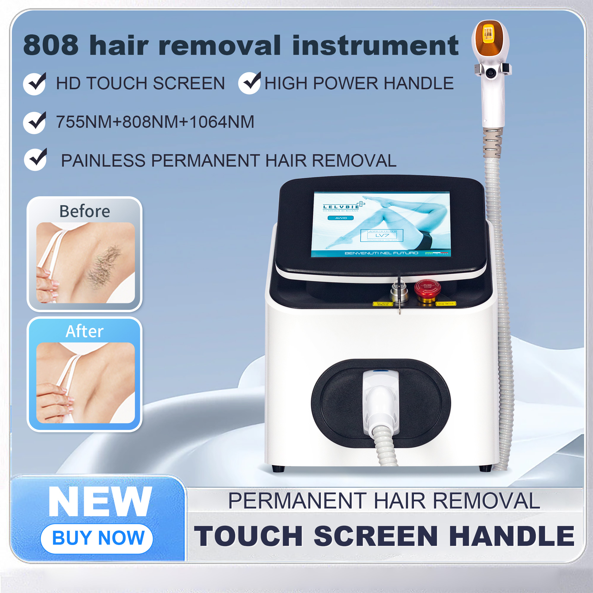 808nm Diode Laser Hair Removal Device with Ice Cooling Technology for Comfortable, Fast and Safe Permanent Hair Removal on All Skin Types