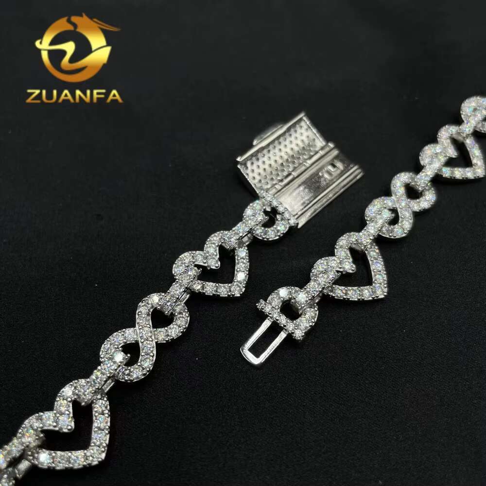 Hip Hop Jewelry Rapper Real 925 Sterling Silver 8.5MM Heart Style Missanite Iced Out Tennis Chain Infinity Chain Link Chain
