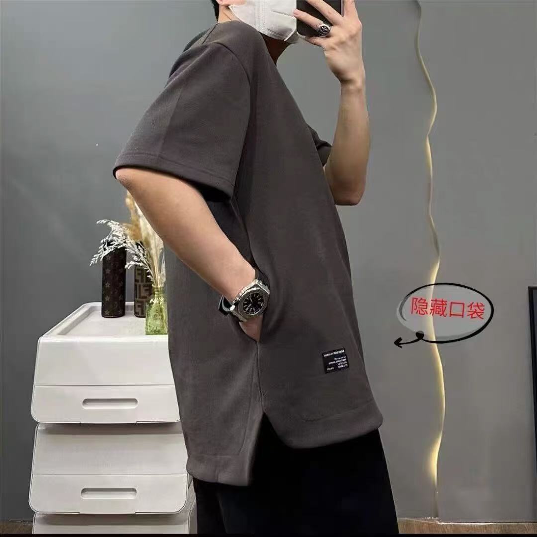 Designer Short Sleeves Hidden Pocket T-shirt Ice Silk Short Sleeve Unisex Round Neck Versatile 2025 Summer New Trend Solid Color Loose Plus Size