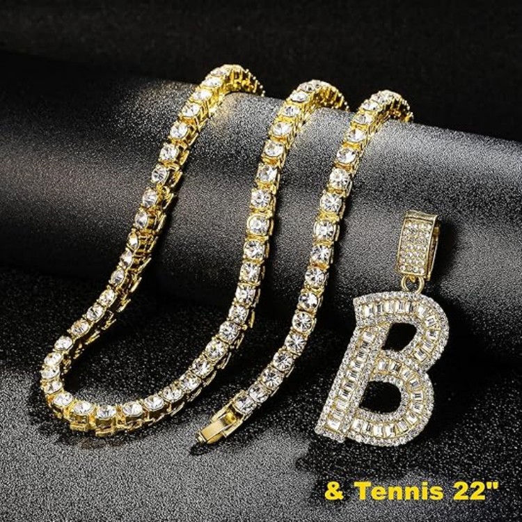 Bling Silver Gold Iced Out Baguette Initial Letter Necklaces for Men Women Big Cz Diamond Capital Letter Pendant A-Z with Rope Tennis Chains