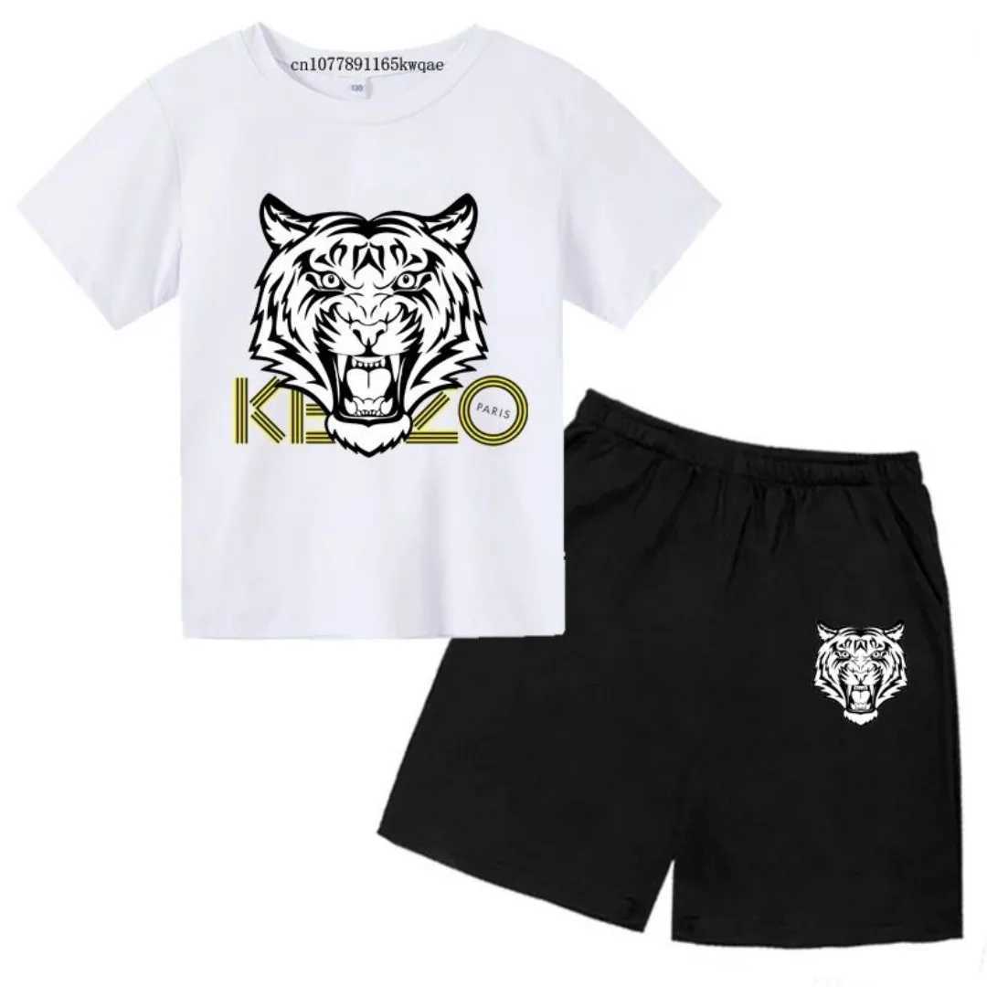 2025 3-13 year old childrens tiger head summer 2-piece casual breathable T-shirt+shorts sports suit boys and girls casual suit z250703NLGG