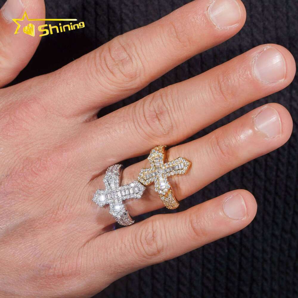 2025 New Cross Style Iced Out Long Bar Hip Hop Moissanite Men's Ring Silver Boutique Jewelry
