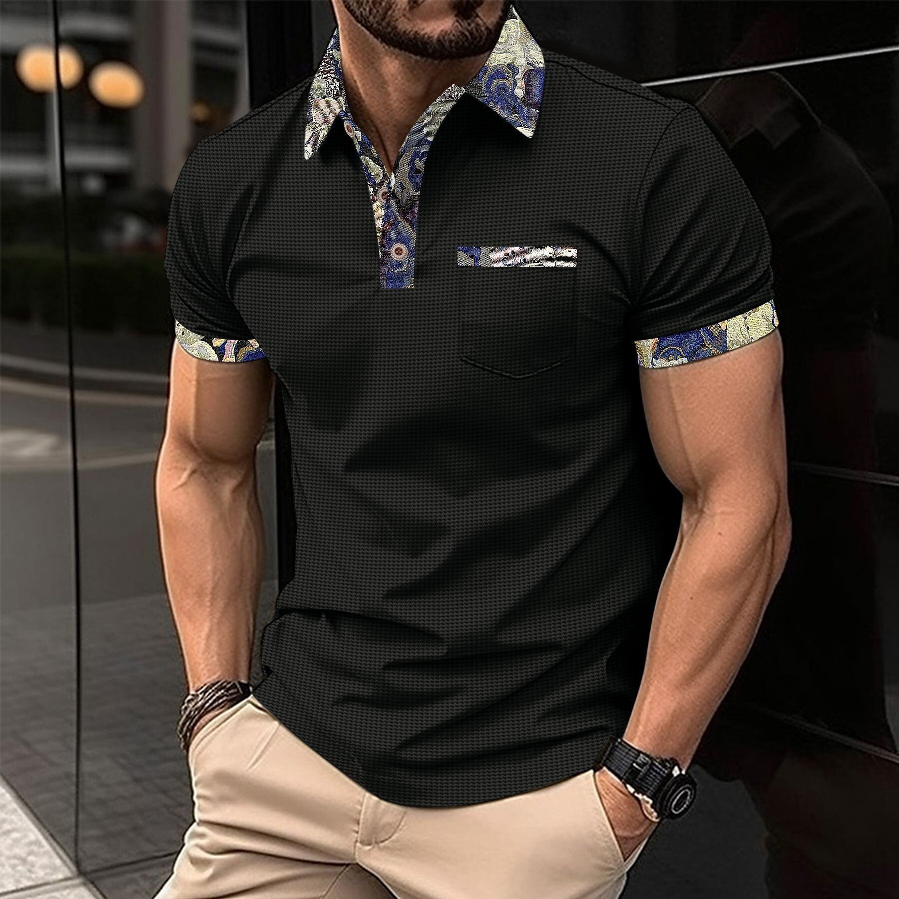 2025 Amazon Cross-border Designer T-shirt Summer New Designer T-shirt Youth Waffle Color Block Pocket Summer Short Sleeves Short Sleeve Casual T-shirt